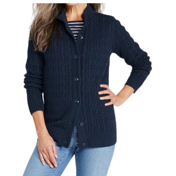 L.L. Bean Sweaters - LL Bean Double L Cable Knit Cardigan Sweater Classic Navy Blue LP